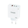 Cargador de pared tooq triple 2xusb - c + usb a blanco 65w gan