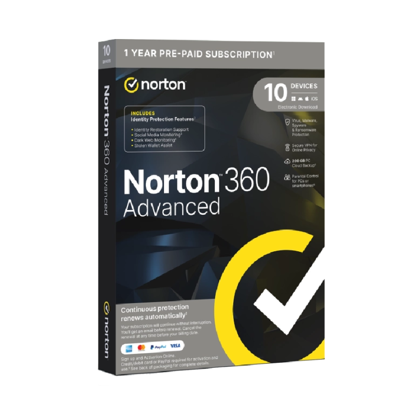Antivirus norton 360 advanced 200gb español 1 usuario 10 dispositivos 1 año caja