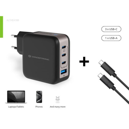 Cargador de pared conceptronic althea18b 100w 3x usb tipo c 1x usb tipo a