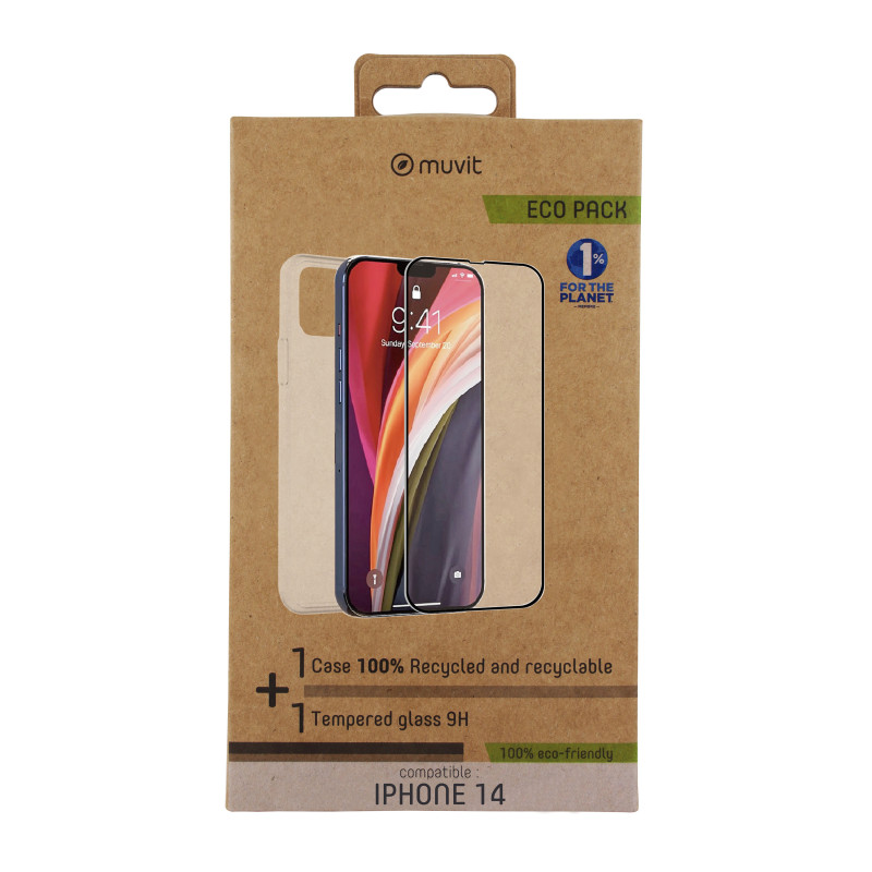 Funda muvit para iphone 14 + protector pantalla vidrio templado plano marco negro