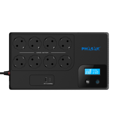 Sai ups phasak 1050va smart home 1kva interactivo avr pantalla lcd carga frontal usb a+c ph 9479